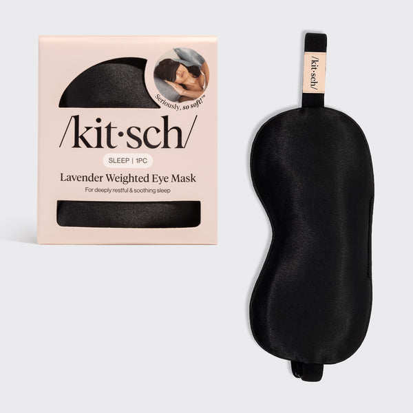 KITSCH Lavender Scented Satin Weighted Eye Mask — black satin weighted eye mask shown with its packaging card — dried lavender infusion releases a calming scent to help you drift off faster — bedtime wind-down