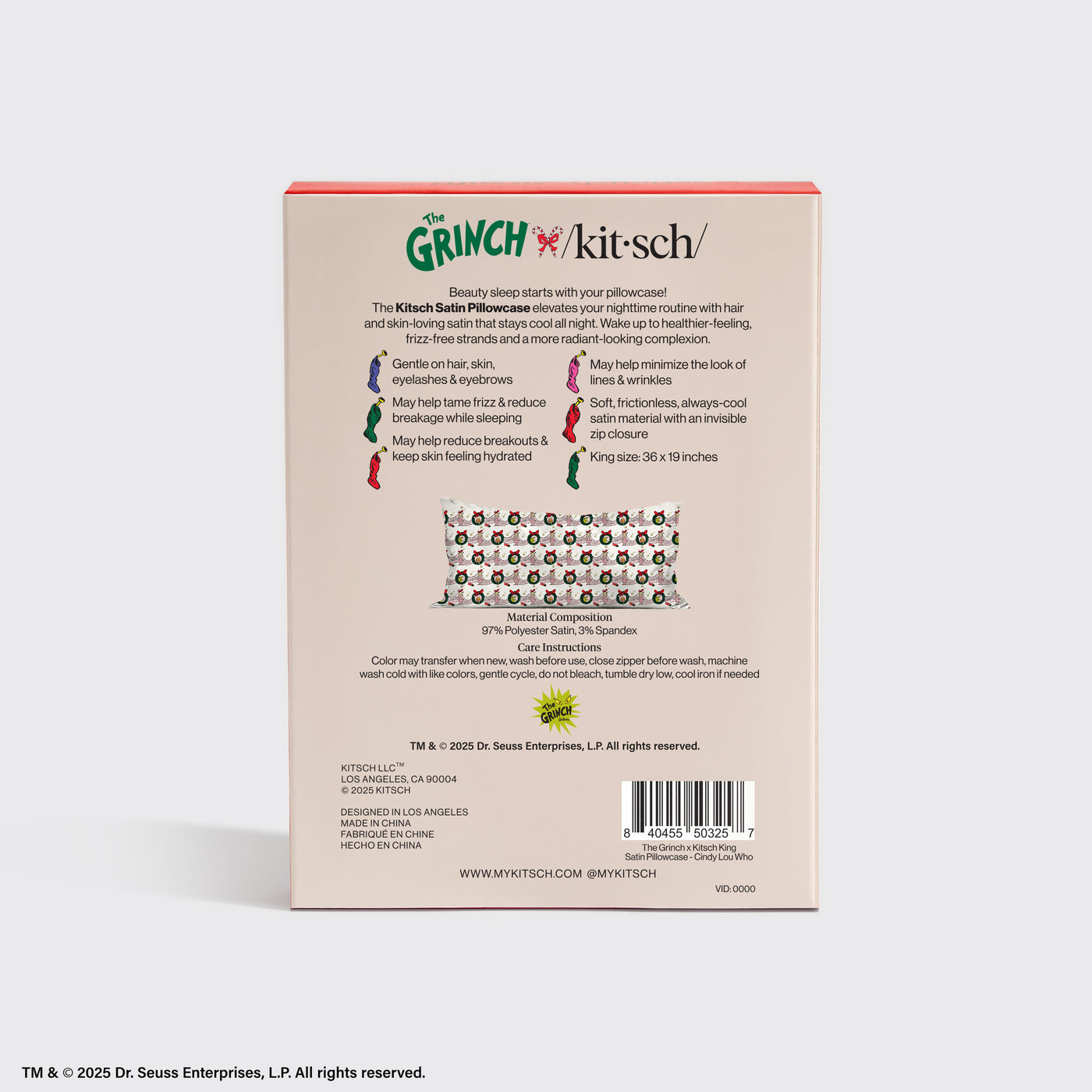 The Grinch x Kitsch Satin Pillowcase in Cindy Lou Who - King