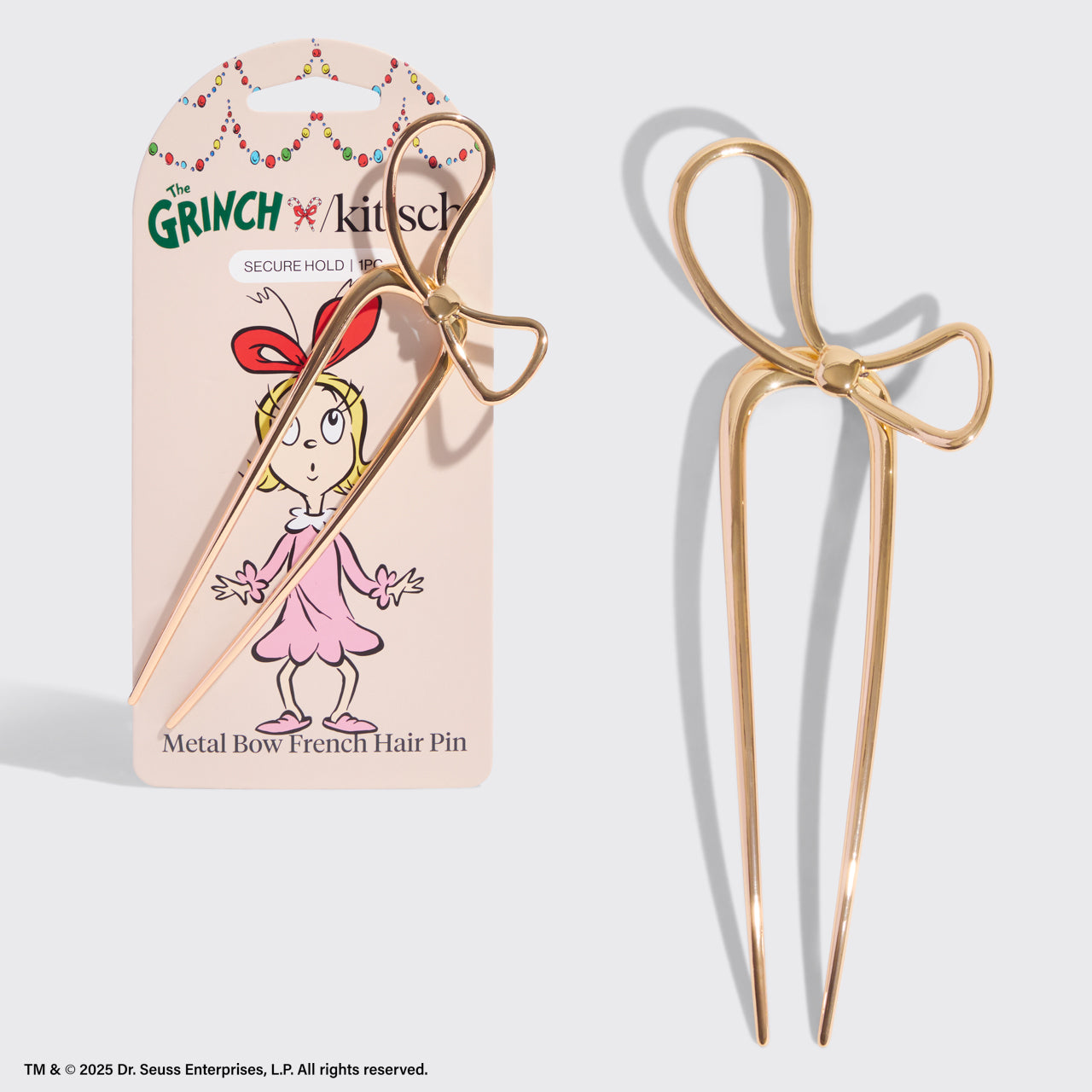 The Grinch x KITSCH Metal Bow French Hair Pin in Gold — hero