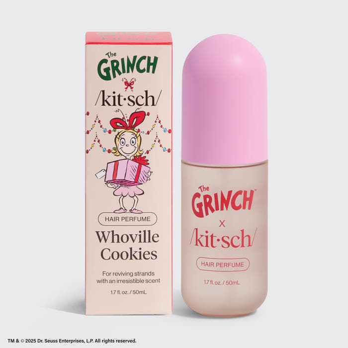 The Grinch x Kitsch Whoville Cookies Hair Perfume bottle on a festive background