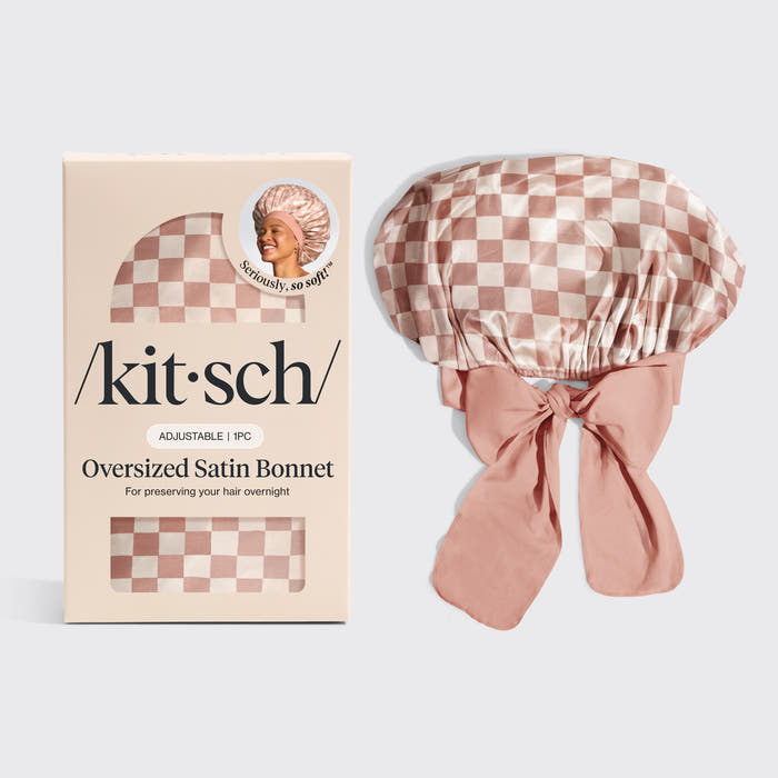 KITSCH Terracotta Checker Oversized Satin Bonnet — hero product shot — adjustable, double-layered satin, terracotta checker print — helps reduce friction, breakage & frizz overnight