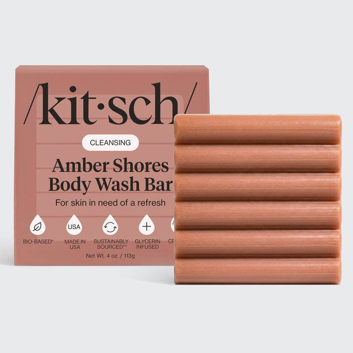 Kitsch Cleansing Amber Shores Body Wash Bar with ridged bar and packaging on a white background