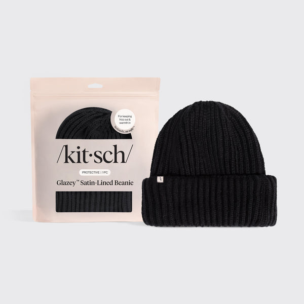 Kitsch Glazey™ Satin-Lined Beanie in Black with packaging on a gray background - hero image