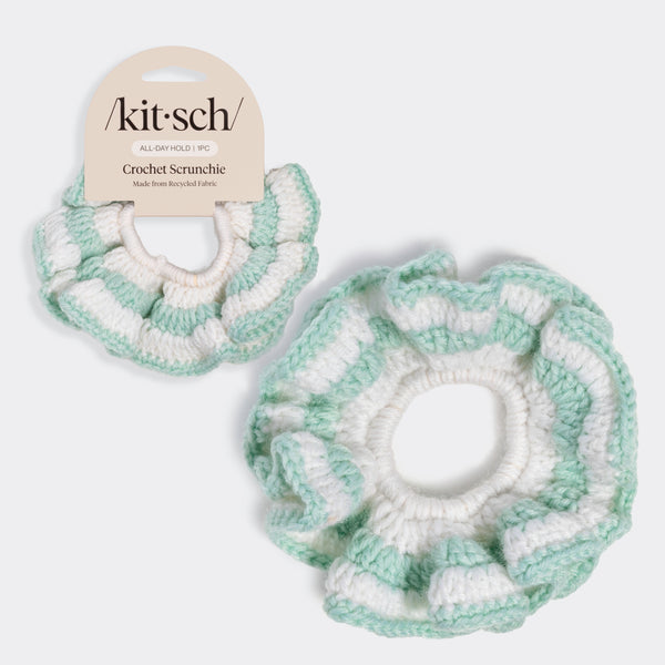 Kitsch Seafoam blue Crochet Scrunchie on branded card – soft recycled fabric, all-day hold hair tie