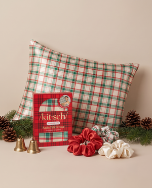 KITSCH Satin Pillowcase in Holiday — holiday collection group shot — helps reduce breakouts by absorbing less moisture and dirt — shown with matching Kitsch holiday satin scrunchies