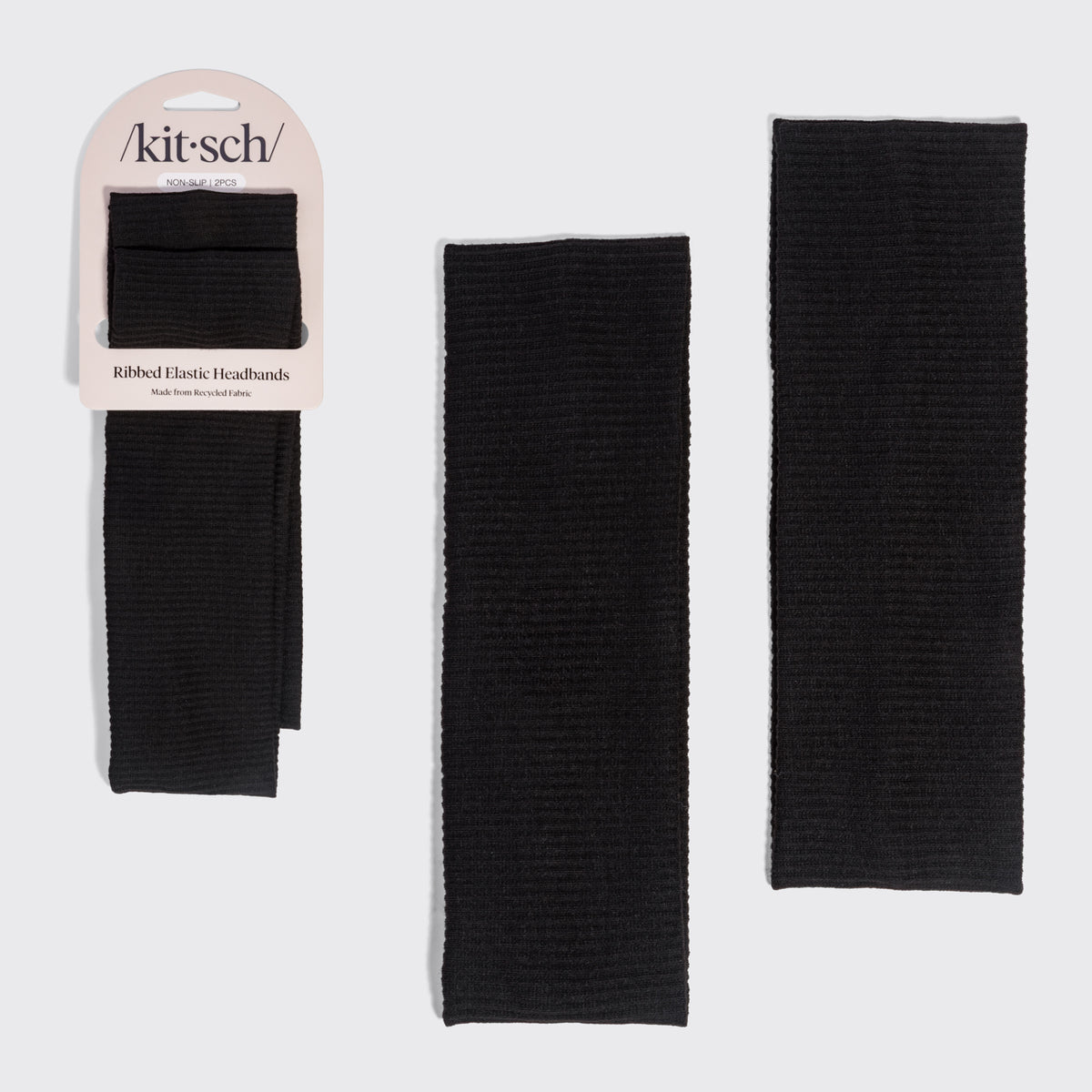 KITSCH Recycled Fabric Ribbed Elastic Headbands 2pc Set — hero product shot of the Black ribbed headband duo — 95% recycled polyester, 5% spandex — soft, stretchy hair accessory for everyday wear