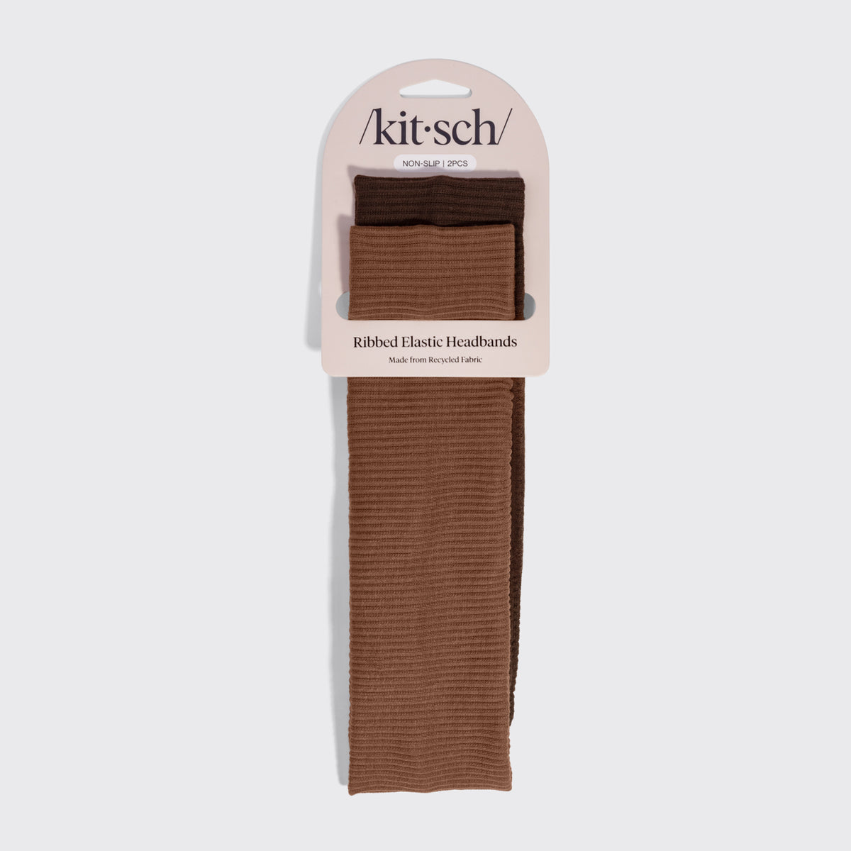 KITSCH Recycled Fabric Ribbed Elastic Headbands 2pc Set — packaging shot of the Mocha & Chocolate headbands in Kitsch retail packaging — made from recyclable, sustainably sourced materials