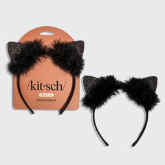 Diadema de orejas de gato de satén negro con purpurina
