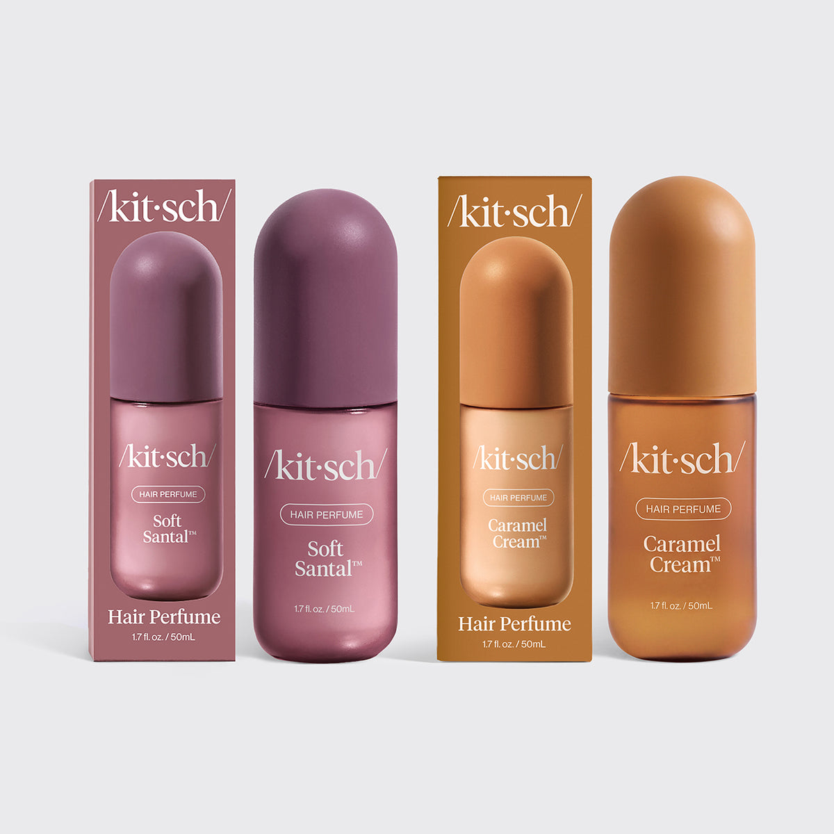 KITSCH Cozy Corner Duo: Soft Santal & Caramel Cream — hero product shot — two signature scents, one perfect pairing — refreshes hair between washes while doubling as an everyday fragrance for hair and body