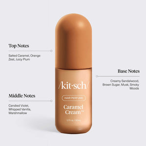 KITSCH Cozy Corner Duo: Soft Santal & Caramel Cream — fall fragrance notes infographic, Caramel Cream — creamy caramel & whipped vanilla with a warm, woody finish — sheer, versatile & easy to use