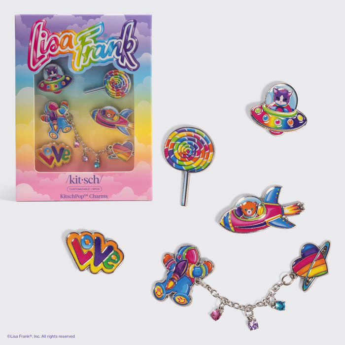 KITSCH Lisa Frank x Kitsch KitschPop Charms Collection 6pc Set - Fantastic World of Lisa Frank — six KitschPop charms beside their rainbow box: kitty UFO, rainbow lollipop, rocket bear, LOVE, and a bear and heart planet charm chain — candy, love, and space-themed charms, cute, cosmic combinations — customize your KitschPop clips and brushes