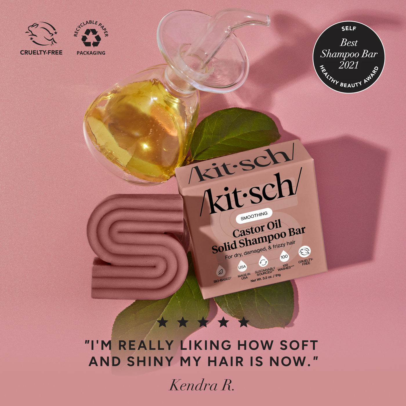 KITSCH Castor Oil Nourishing Shampoo Bar — 5-star customer review graphic — Formulated with Castor Oil known to enhance the appearance of healthy, nourished hair — free of parabens, phthalates, silicones, sulfates, & artificial fragrance