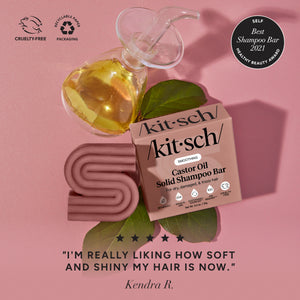 KITSCH Castor Oil Nourishing Shampoo Bar — 5-star customer review graphic — Formulated with Castor Oil known to enhance the appearance of healthy, nourished hair — free of parabens, phthalates, silicones, sulfates, & artificial fragrance