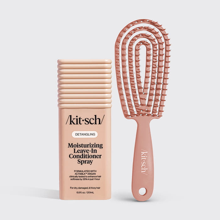 KITSCH Terracotta Detangling Bundle — hero product flat lay — Argan Milk Leave-In Conditioner Spray + Terracotta Detangling Flexi Brush — reduces breakage and detangles wet and dry hair