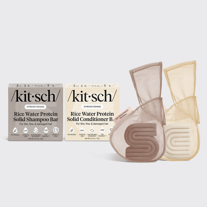 KITSCH Rice Water Shampoo & Conditioner Combo + Bar Saver Bags Bundle — hero flat lay — Rice Water Protein Shampoo Bar + Conditioner Bar + Bar Saver Bags — complete strengthening routine