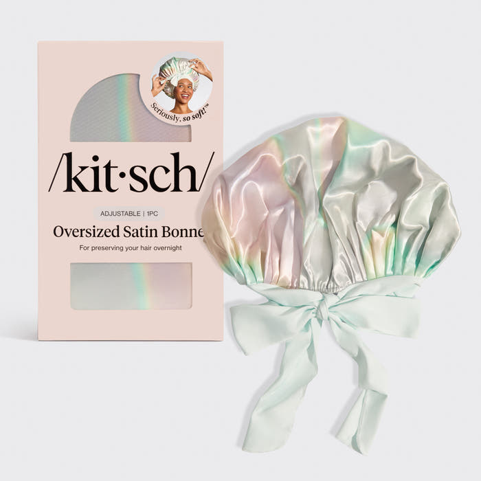 KITSCH Aura Oversized Satin Bonnet — hero product shot — adjustable, double-layered iridescent satin — helps reduce friction, breakage & frizz overnight