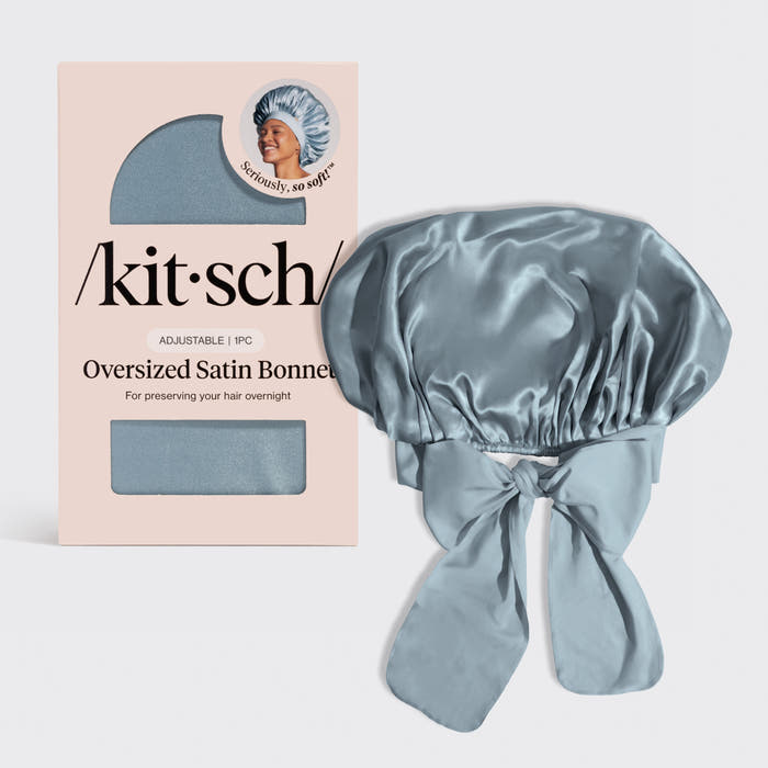 KITSCH Haze Blue Oversized Satin Bonnet — hero product shot — adjustable, double-layered satin — helps reduce friction, breakage & frizz overnight