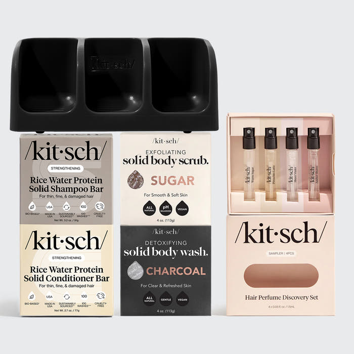 Kitsch Build Your Own Shampoo & Conditioner with FREE Perfume Discovery Set offer on a soft neutral background