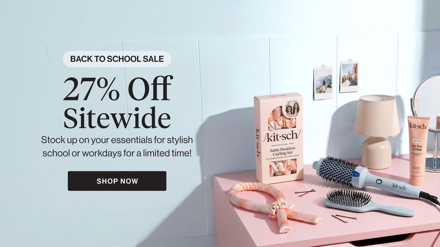 Kitsch Back to School Sale banner: 27% off sitewide, featuring an assortment of Kitsch hair accessories and hair care products on a soft neutral background.