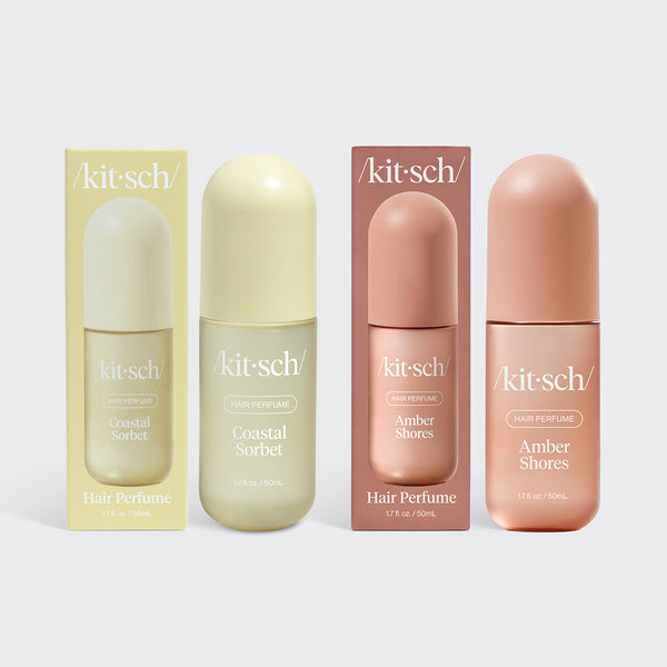Kitsch Golden Hour Duo – Coastal Sorbet and Amber Shores hair perfumes paired on a golden warm background