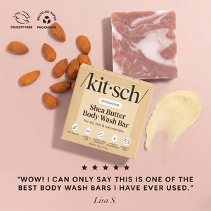 Kitsch Shea Butter Exfoliating Body Wash Bar for dry, dull, and textured skin shown with product packaging, almonds, shea butter swipe, and bar on pink background with five-star customer review - super-hydrating bio-based body wash bar with plant-derived exfoliants. Cruelty-free, recycled paper packaging, vegan, made in USA, Leaping Bunny Certified, almond and shea fragrance.