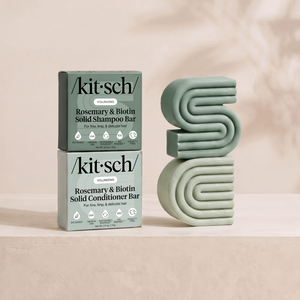 Kitsch Volumizing Rosemary & Biotin Solid Shampoo and Conditioner Bars shown side by side with retail packaging – clinically proven to thicken hair, for fine, limp and thinning hair